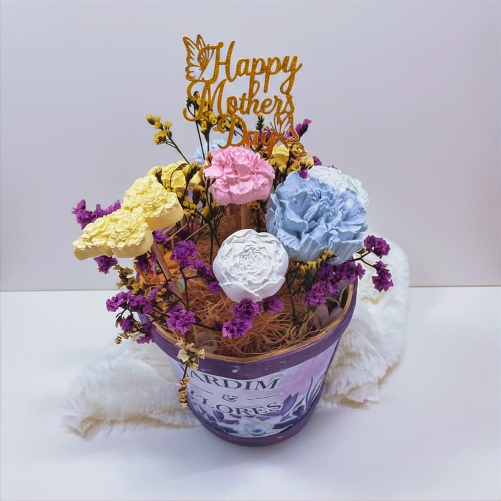 Balde "Happy Mother's Day" com Flores de Sabão